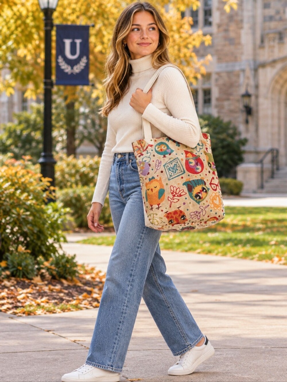 Multicolor Canvas Tapestry Owl Motif Tote Book Bag